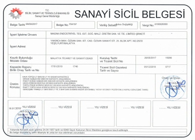  Sanayi Sicil Belgesi